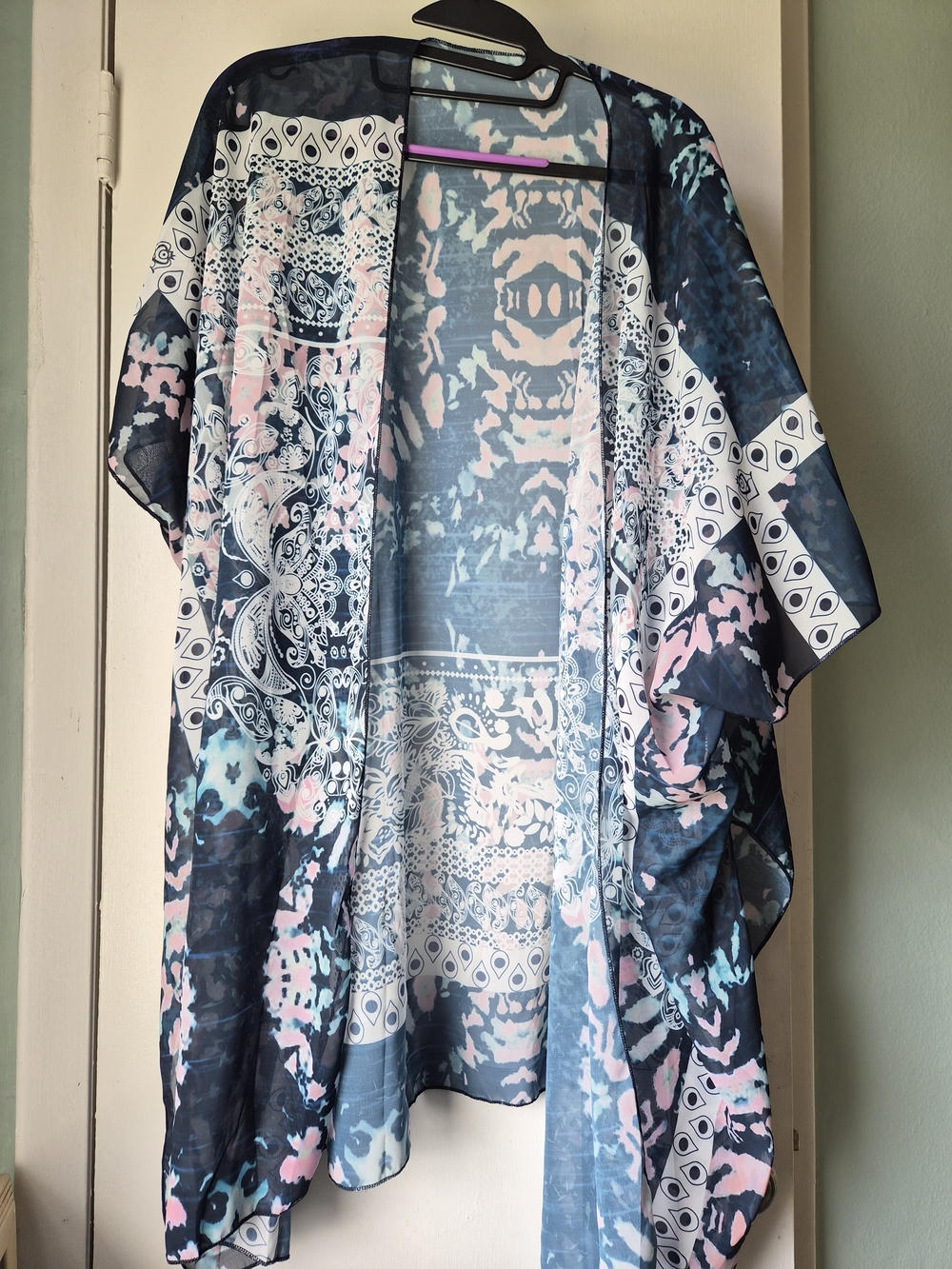 Sheer Patterned Kimono Shaw in Navy, Pink & White Design -OS